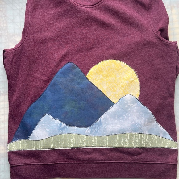 Upcycled Applique Mountain Scene Quarter Zip Sweatshirt XL Cottagecore Cabincore - Picture 3 of 6
